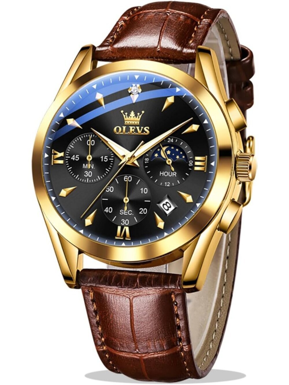 Men's Brown Black Leather Analog Quartz Luxury Chronograph Waterproof Wristwatch